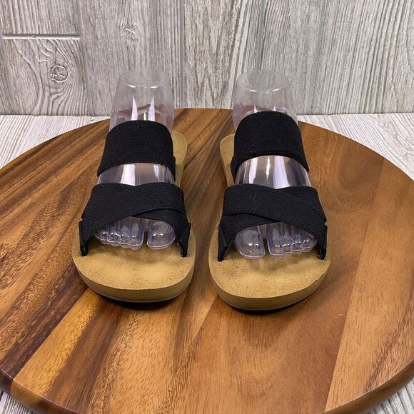 Roxy Women's 8.5 Open Toe Tan Black Cork Canvas Sandals Slides Beach - Picture 2 of 9